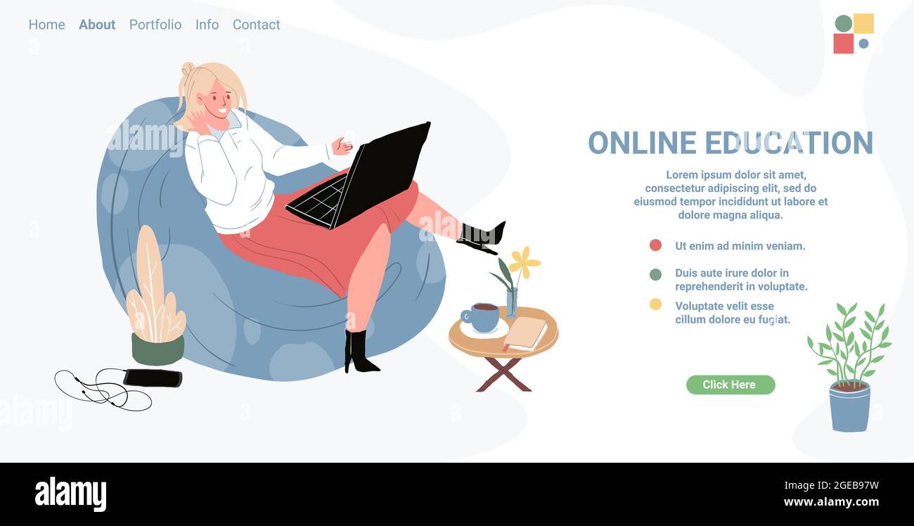 Piatto cartoon carattere prendendo corso educativo online, vettore landing page concetto Illustrazione Vettoriale