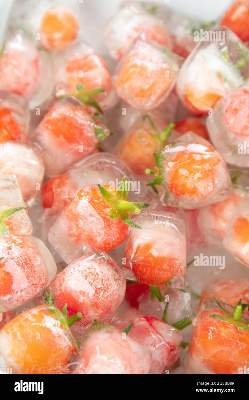 Cubetti di ghiaccio fatti con piccoli pomodori ciliegini all'interno per  preparare aperitivi rinfrescanti Foto stock - Alamy
