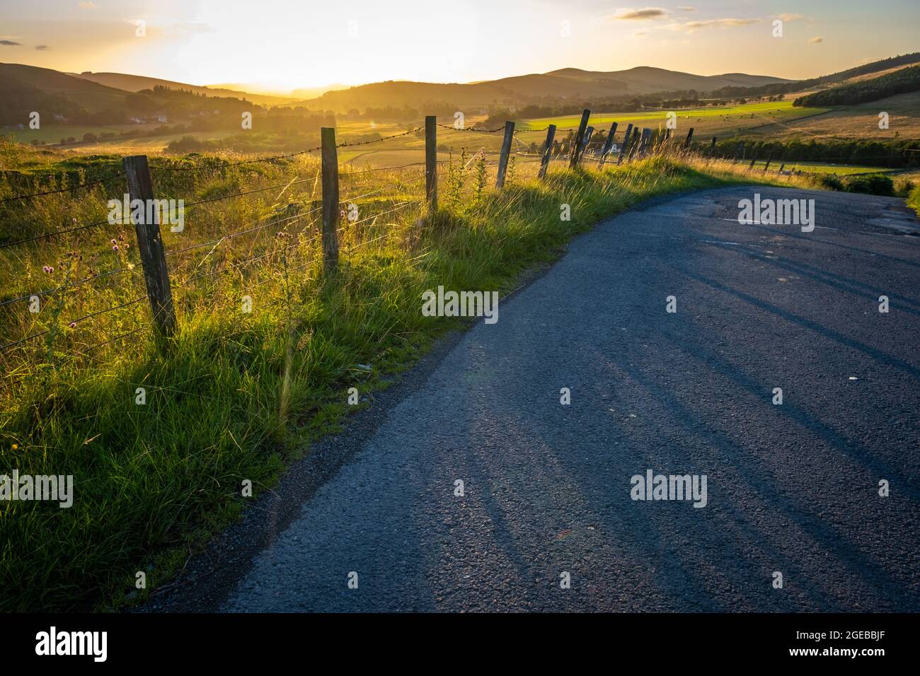 Una strada di campagna nelle splendide frontiere scozzesi durante UN tramonto estivo Foto Stock