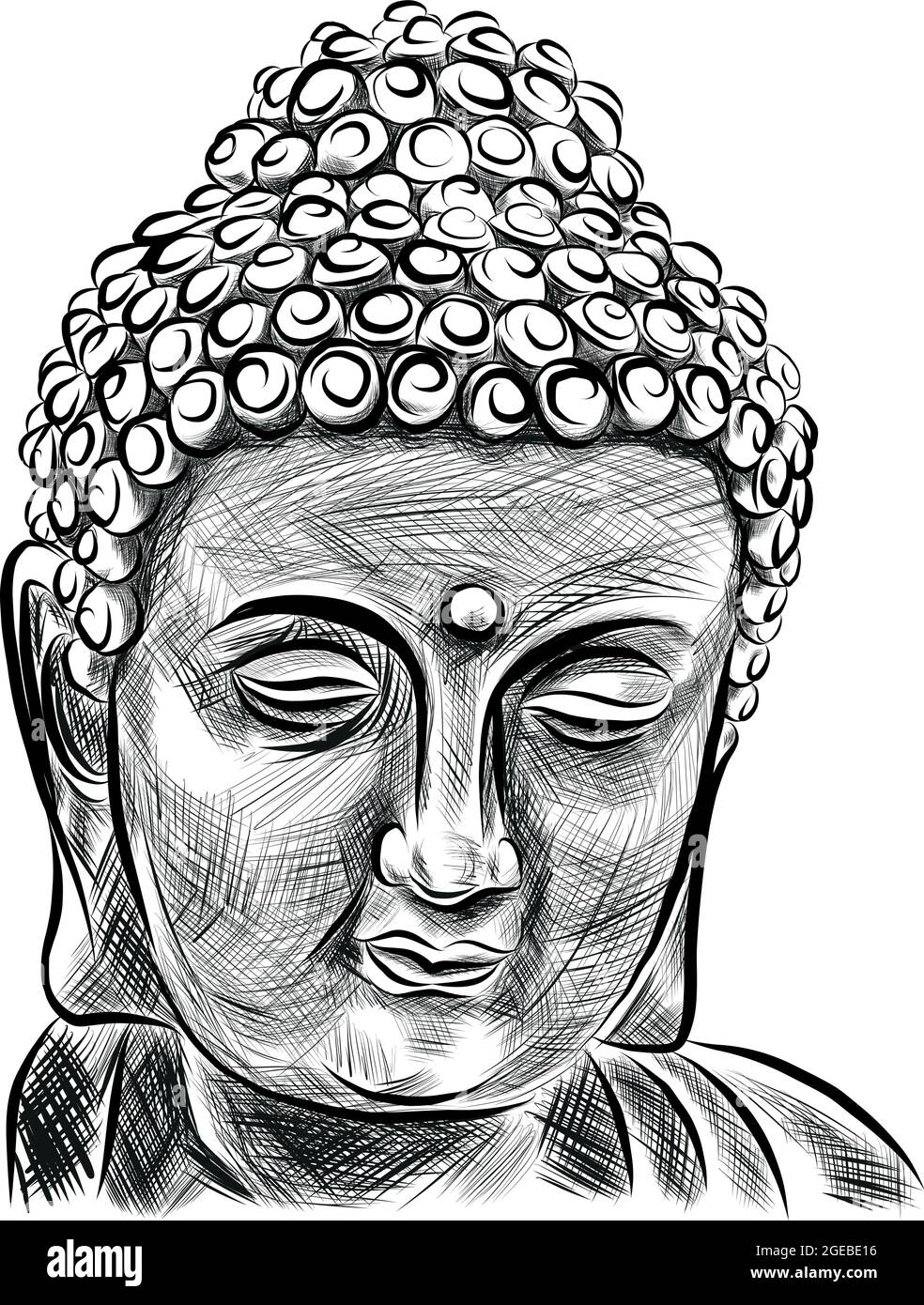 Sagoma della testa del Buddha, vettore di disegno a mano, illustrazione in bianco e nero Illustrazione Vettoriale