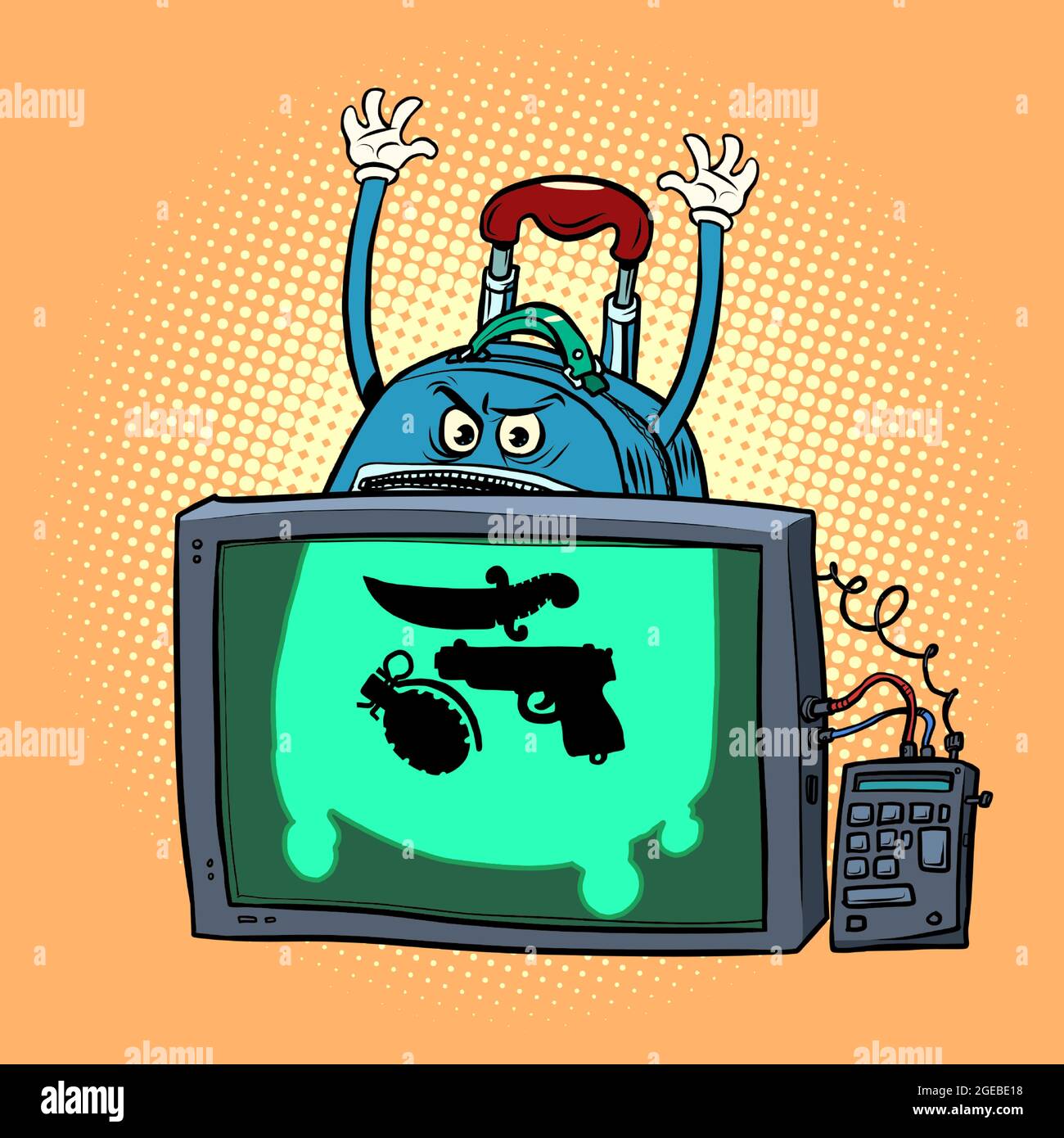 Divertente valigia turistica, oggetti vietati per il trasporto alla dogana. Radar controllo confini. Armi e terrorismo Illustrazione Vettoriale