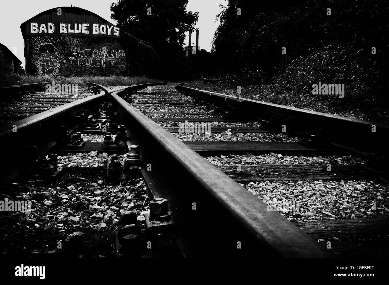 I binari delle ferrovie disutilizzati con un vecchio capannone ferroviario con graffiti raffiguranti Bad Blue Boys, sostenitori della squadra di calcio croata, Zagabria, Croazia Foto Stock