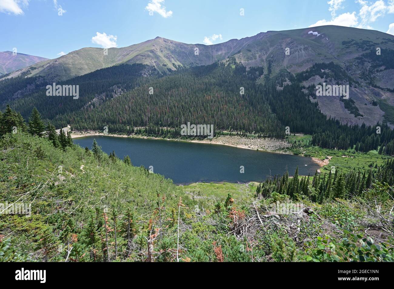 Upper URAD Reservoir in Arapaho National Forest, Colorado, sotto il paesaggio nuvoloso estivo soleggiato. Foto Stock