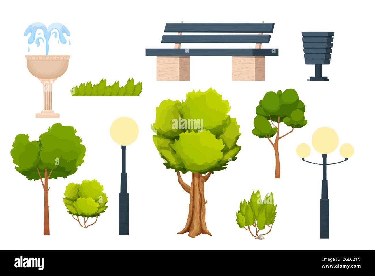 Set City Park elementi panchina, erba, cespuglio e albero, cestino, lampione e fontana in stile cartoon isolato su sfondo bianco. Decorazioni stradali all'aperto, elementi naturali. . Illustrazione vettoriale Illustrazione Vettoriale