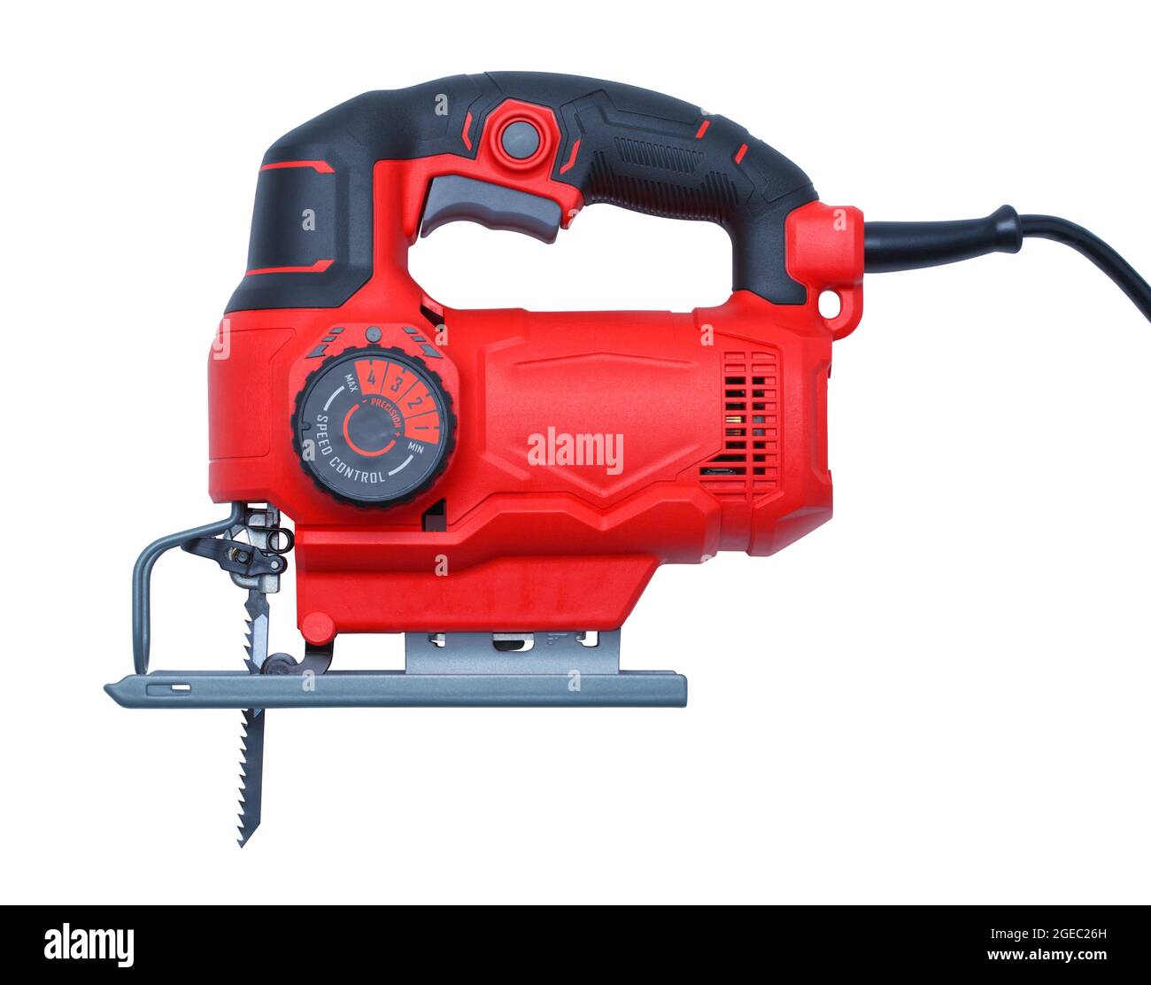Taglio utensile sega a tazza elettrica su bianco. Foto Stock