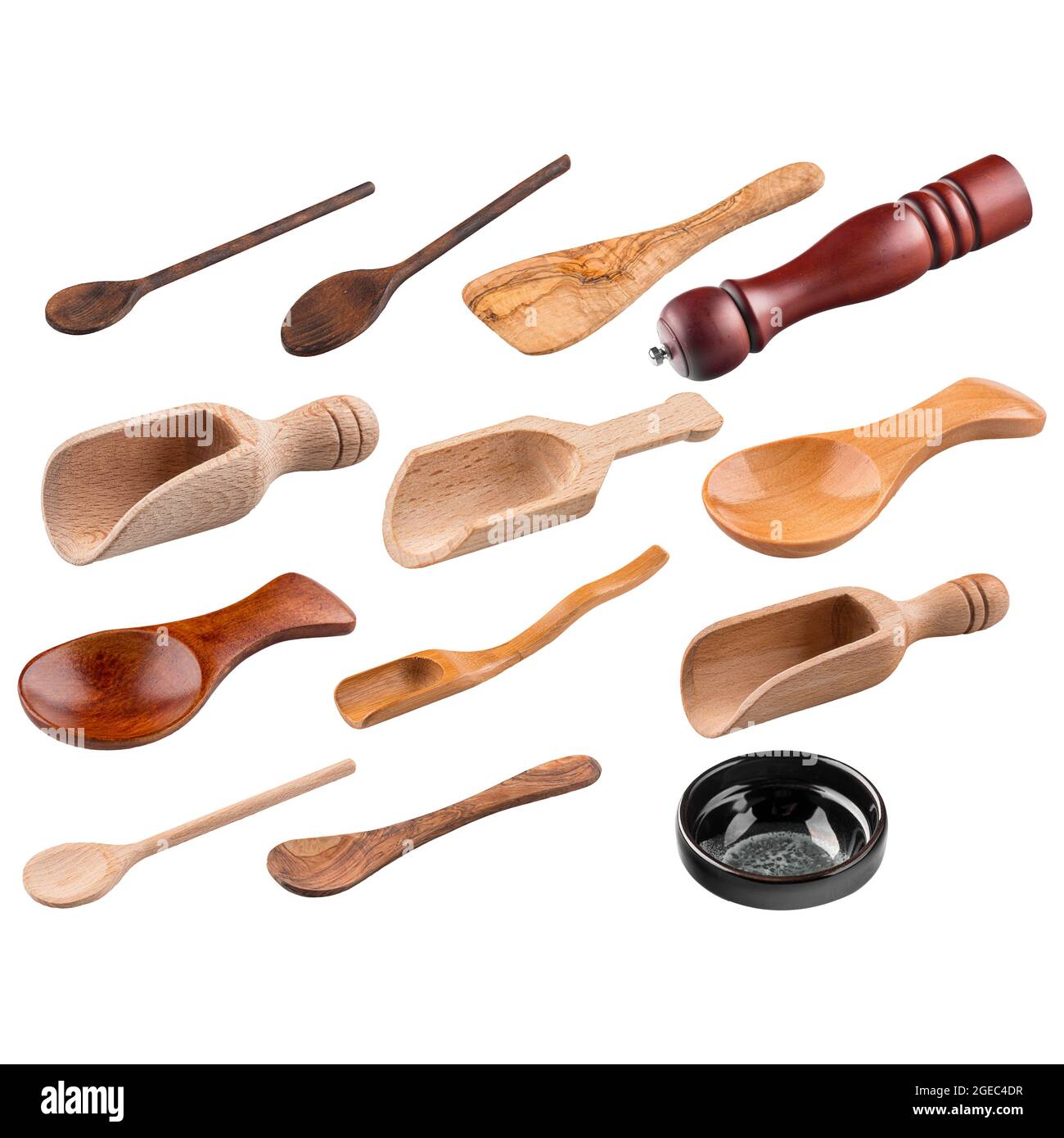 Set isolato di utensili da cucina in legno collage Foto Stock