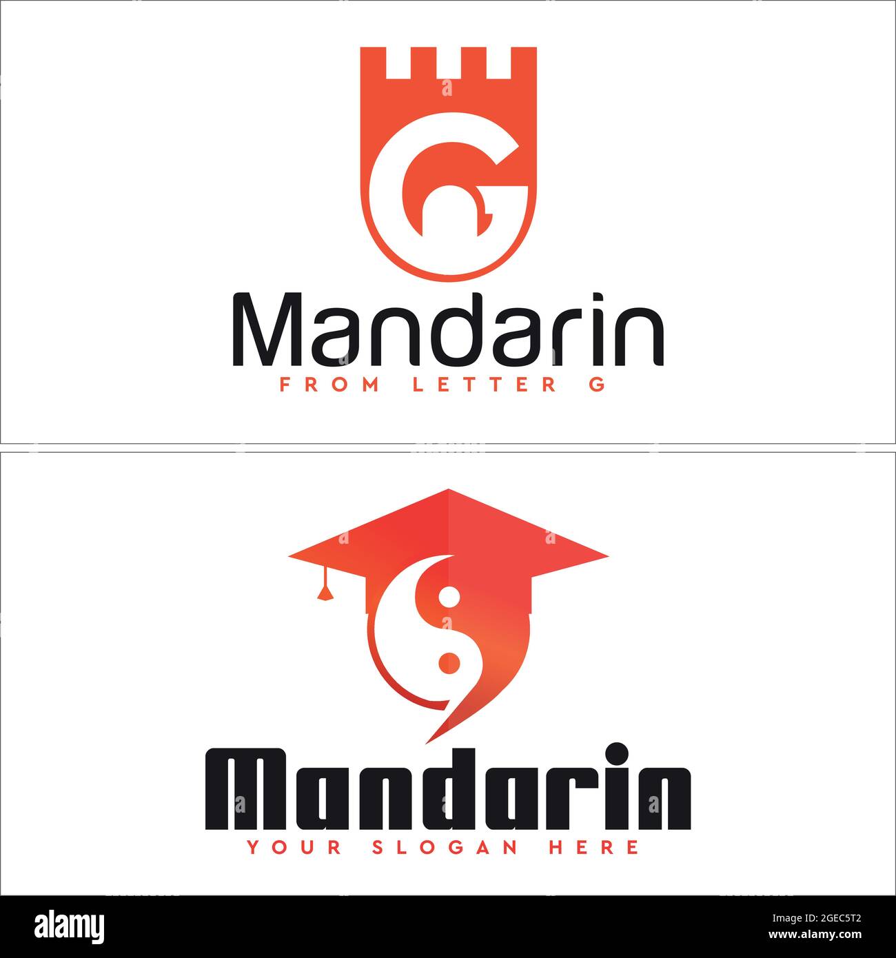 Scuola di Mandarin con la lettera G dello scudo dell'icona e il logo del cappello di graduazione di yin yang Illustrazione Vettoriale