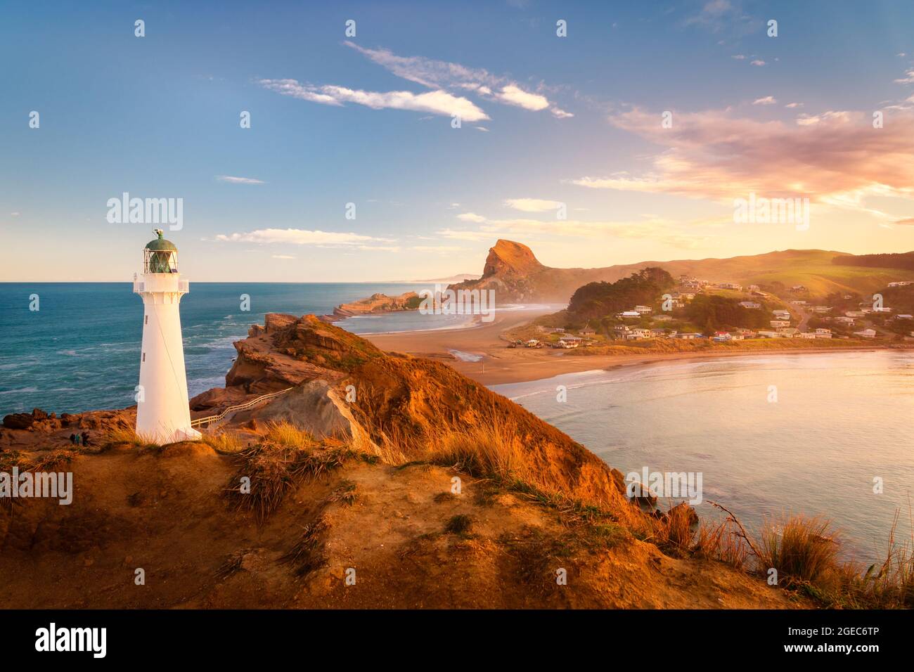 Castlepoint o Castle Point Lighthouse è una destinazione popolare situata nel villaggio di Castlepoint sulla costa di Wairarapa dell'Isola del Nord, Nuova Zelanda. Foto Stock