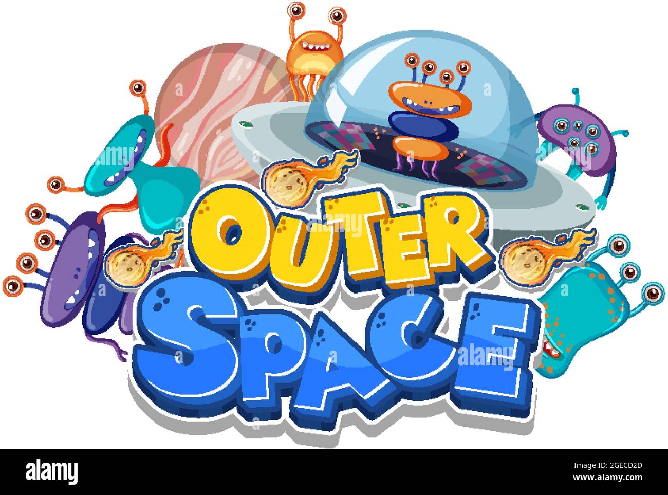 Logo spazio esterno con molti alieni illustrazione Illustrazione Vettoriale