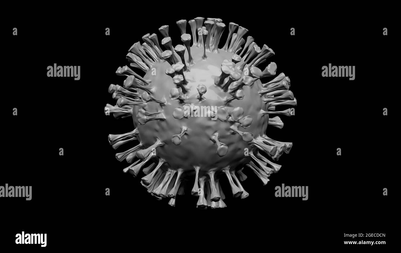 Illustrazione 3D di una cellula Delta del Coronavirus di colore grigio Covid-19 su sfondo nero, visualizzazione del modello sars-COV-2, consapevolezza globale dell'influenza pandemica Foto Stock