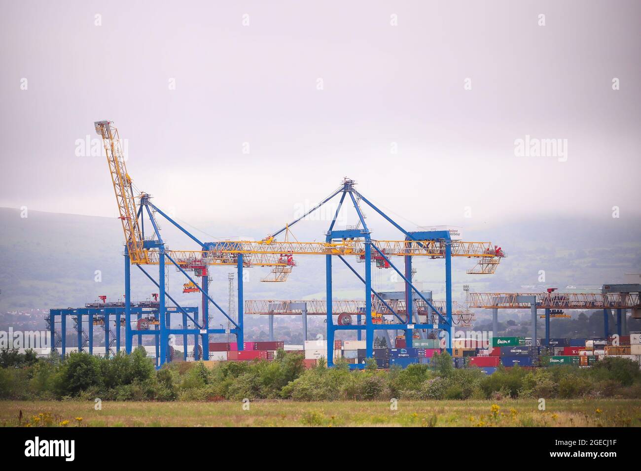 Belfast Container Terminal presso il porto di Belfast, Irlanda del Nord. Il porto gestisce la percentuale più elevata di importazioni ed esportazioni del paese. Foto Stock