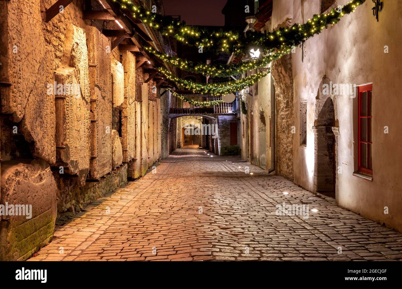 Vecchia strada di Santa Caterina nell'illuminazione notturna. Tallinn. Estonia Foto Stock