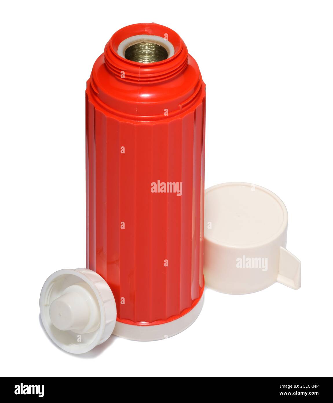 Pallone da vuoto Orange Thermos degli anni '60. Tenere le bevande calde o fredde in questo pallone da vuoto in vetro con involucro in plastica rosso/arancione. Con vite sulla coppa. Foto Stock