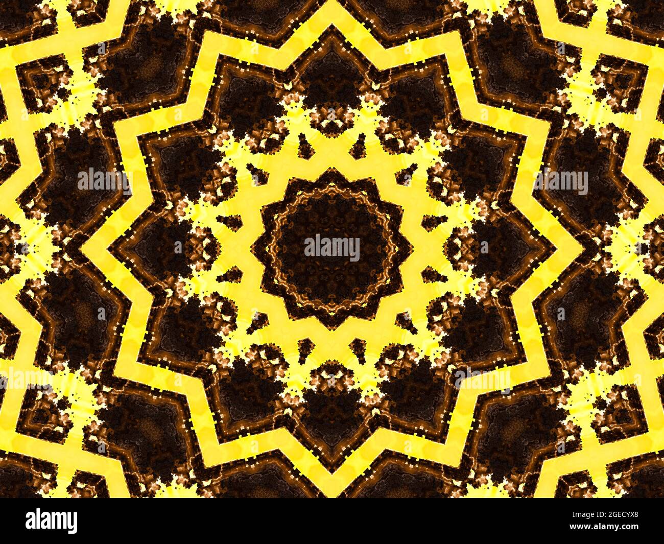 Poster a tema retrò, colore giallo beige con una stella nera al centro. Modello caleidoscopico e cubico Foto Stock