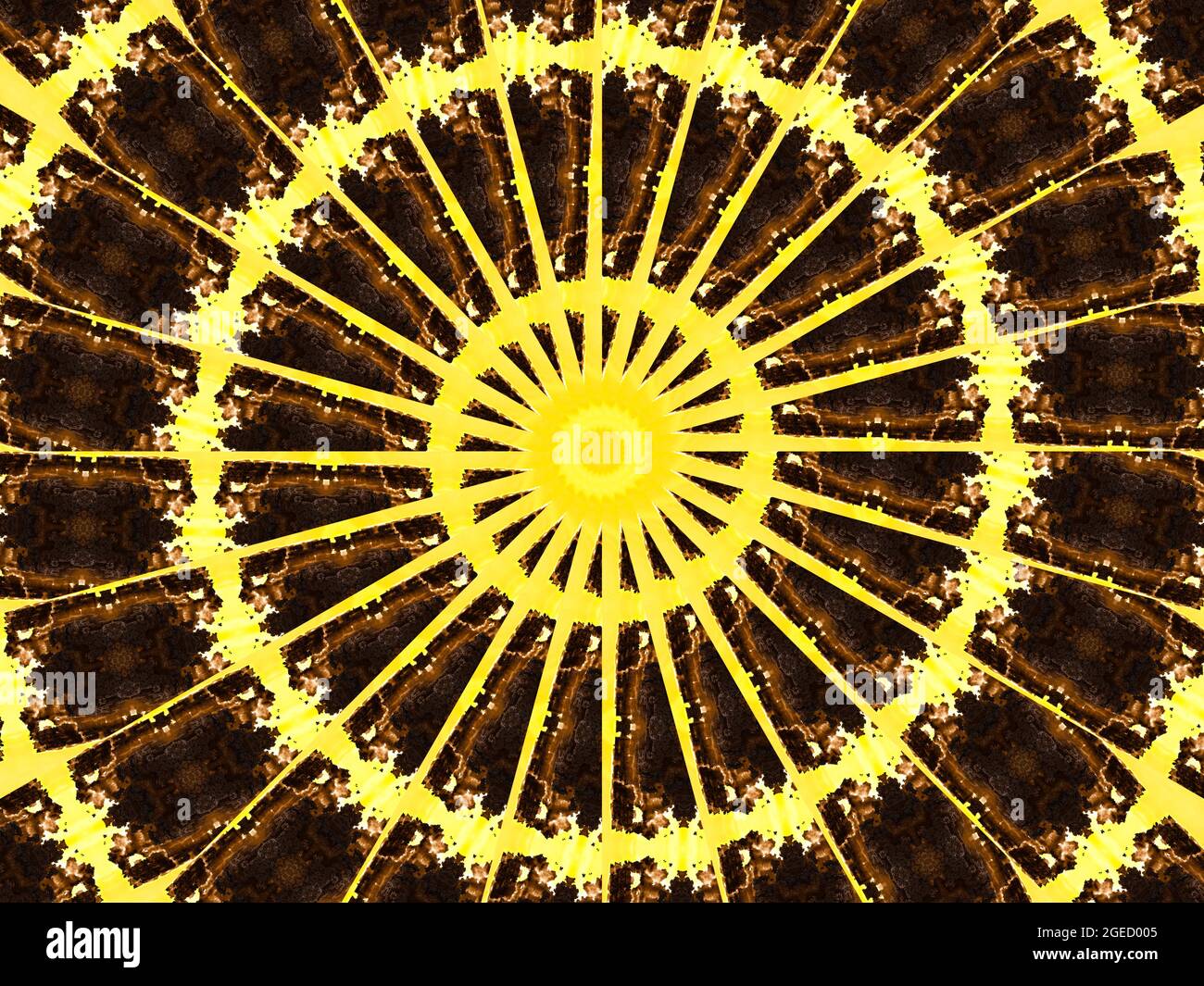 Poster a tema retrò, colore giallo beige con una stella nera al centro. Modello caleidoscopico e cubico Foto Stock