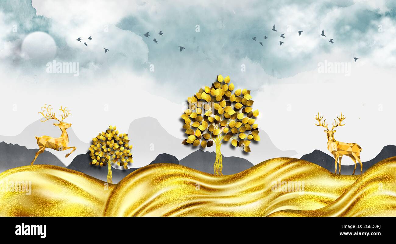 3d moderna tela arte sfondo murale paesaggio su sfondo chiaro con onde dorate. cervo d'oro, albero di natale, montagna grigia, sole con nuvole e Foto Stock