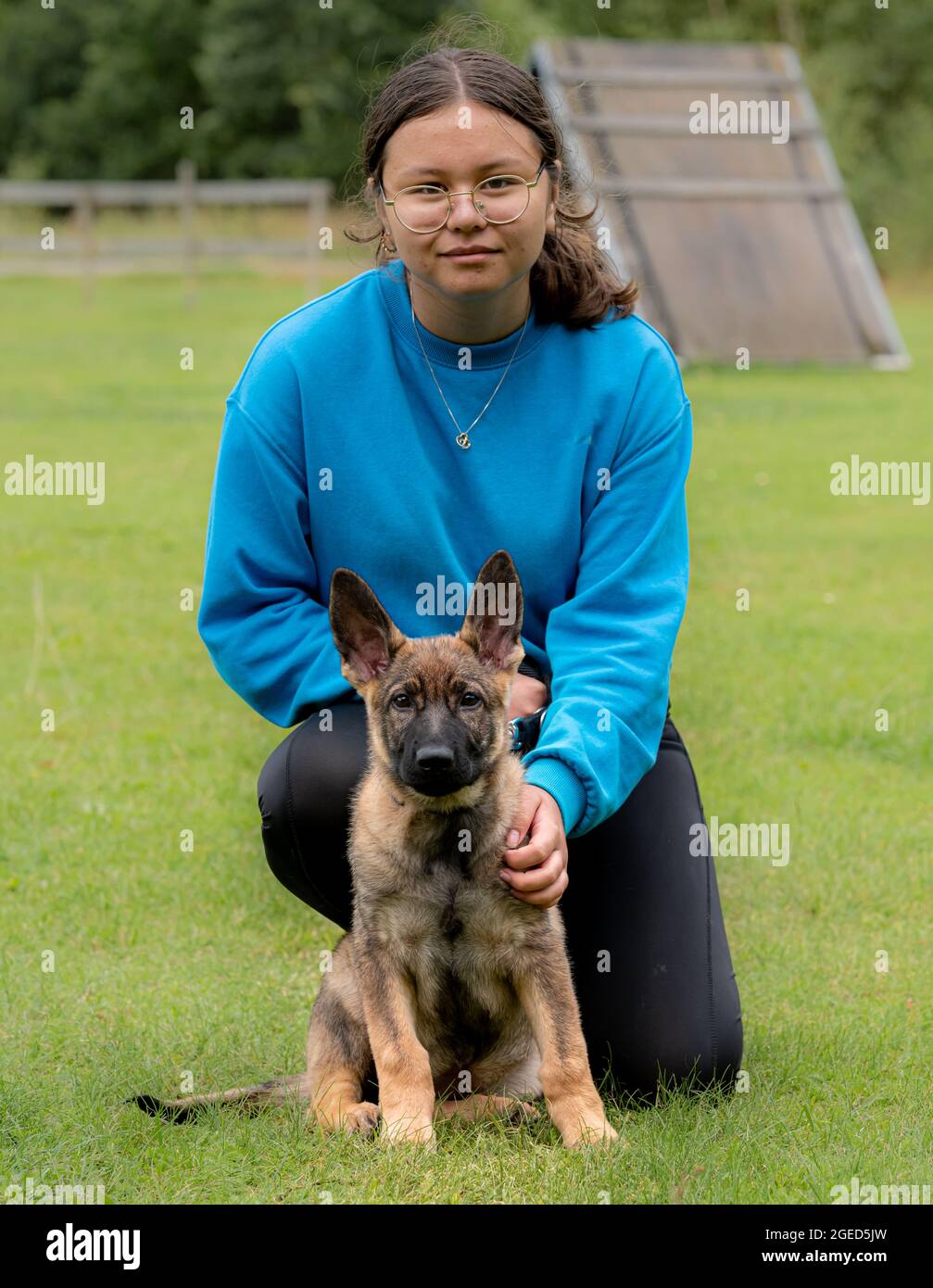 Una ragazza adolescente si pone insieme al suo cucciolo di Pastore tedesco. Addestramento del cane Foto Stock