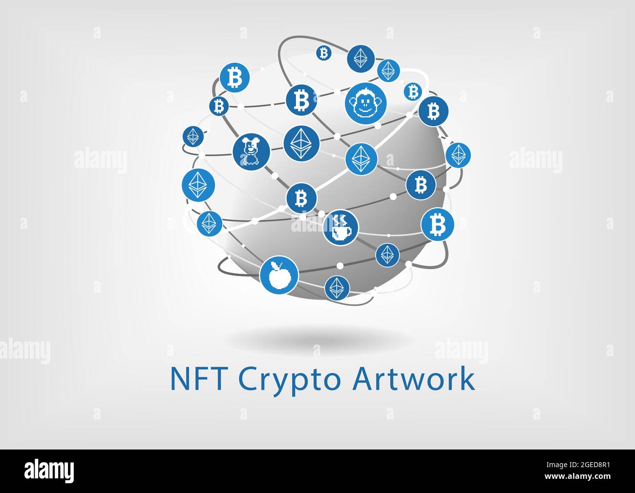 Concetto di token non fungibile FFT per la grafica crittografica digitale. Illustrazione vettoriale della terra con monete di bitcoin e etereo per acquistare opere d'arte. Illustrazione Vettoriale