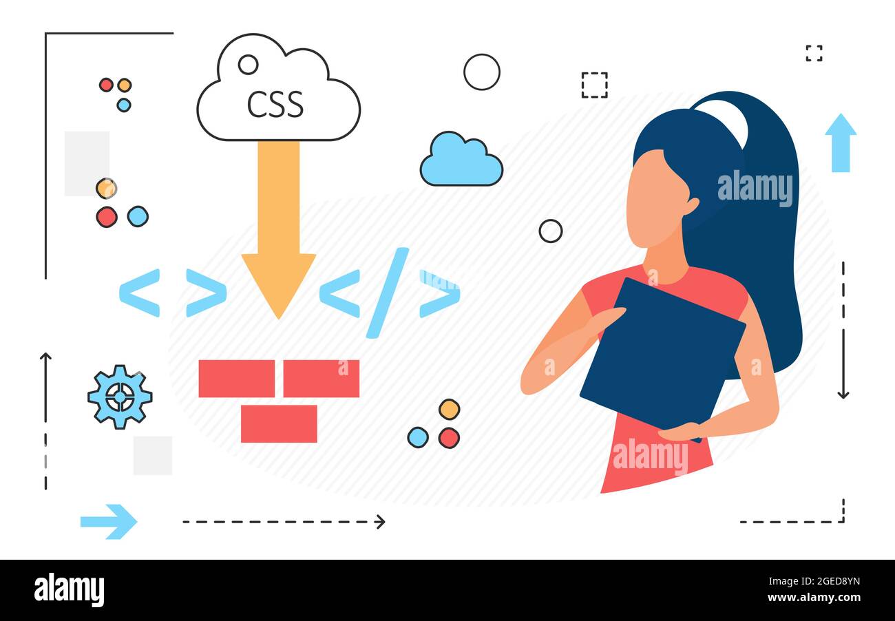 Cloud di dati online, carattere donna e icone della lingua del computer isolati in bianco Illustrazione Vettoriale
