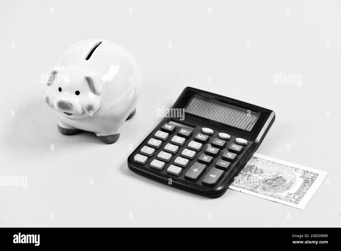 Concetto di debito di credito. Economia e gestione dei profitti. Economia e finanza. Risparmi bancari di Piggy. Piggy banca rosa maiale e calcolatrice. Scambio Foto Stock