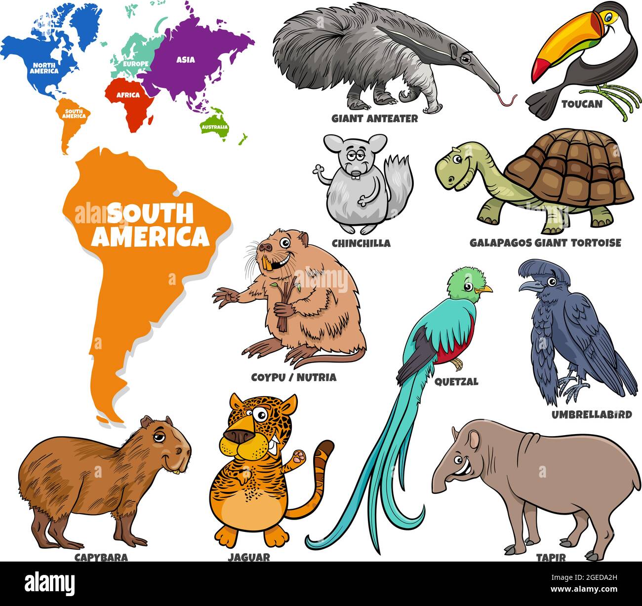 Cartoni animati educativi che raffigura il set di personaggi animali sudamericani e la mappa del mondo con le forme dei continenti Illustrazione Vettoriale