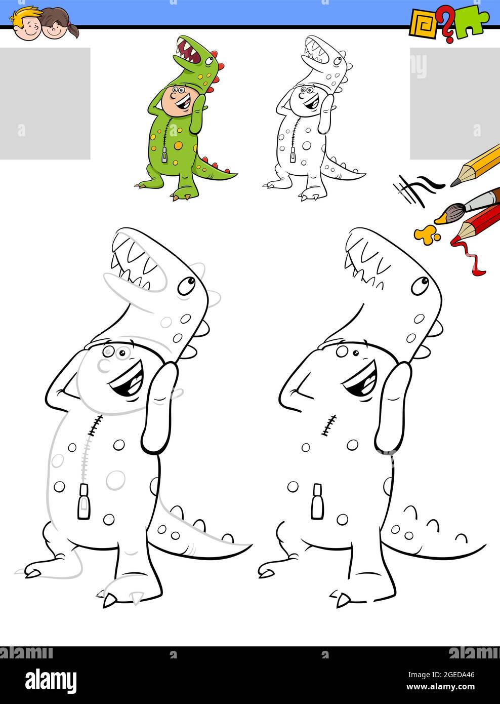 Illustrazione cartoon di disegno e colorazione attività educativa per bambini con ragazzo in costume da dinosauro Illustrazione Vettoriale