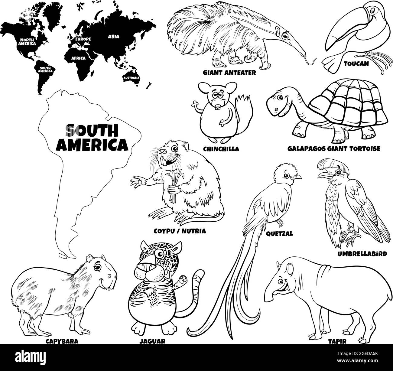 Cartoni animati educativi in bianco e nero illustrazione del set di personaggi animali sudamericani e mappa del mondo con pagine di libri da colorare forme continenti Illustrazione Vettoriale