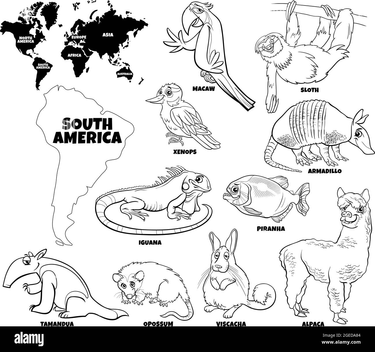 Cartoni animati educativi in bianco e nero illustrazione di specie animali sudamericane insieme e mappa del mondo con continenti forme colorazione pagina libro Illustrazione Vettoriale