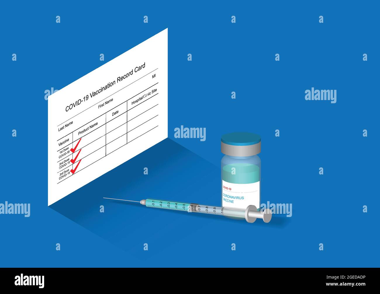 Dose di richiamo del vaccino del coronavirus o del covid-19 per la protezione della delta varaint e la scheda di vaccinazione. Illustrazione vettoriale della scheda di vaccinazione, della siringa e della v Illustrazione Vettoriale