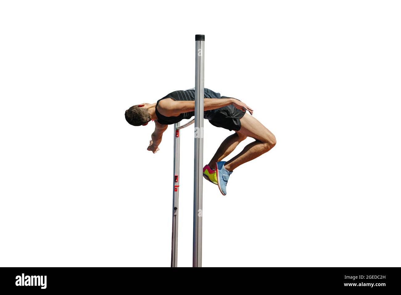 atleta maschile con salto in alto su sfondo bianco Foto Stock