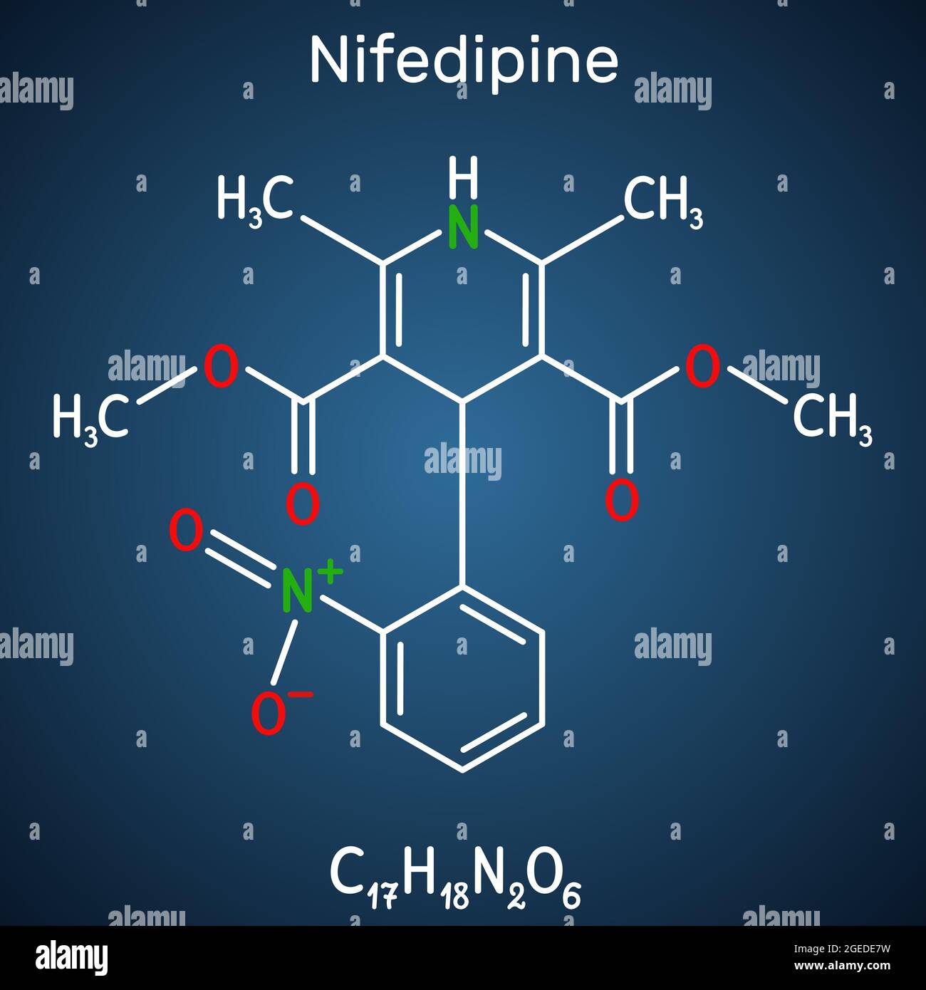 Nifedipina, molecola. È un agente bloccante del canale del calcio della diidropiridina. Formula chimica strutturale su sfondo blu scuro Illustrazione Vettoriale