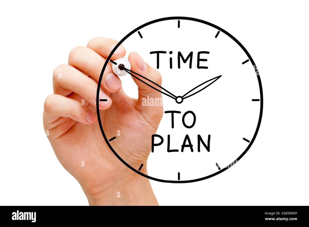 Orologio da disegno a mano con testo scritto a mano Time to Plan isolato su sfondo bianco. Immagine concettuale sulla pianificazione, la strategia o l'organizzazione. Foto Stock