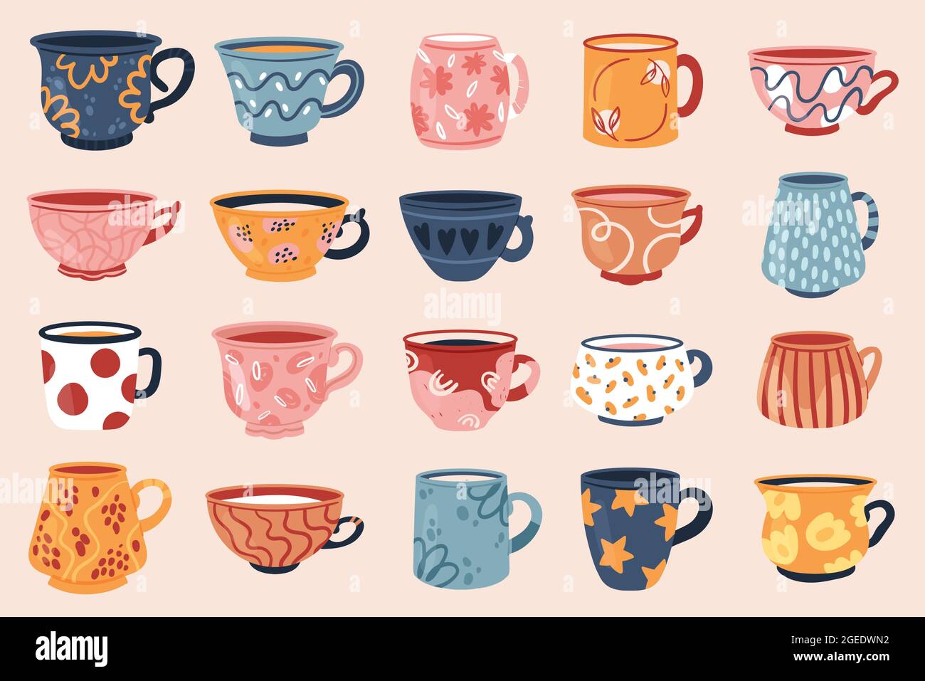 Illustrazione vettoriale del set di tazze vintage per tè e caffè.  Collezione di teacup vintage Cartoon per la festa o la colazione della  cerimonia del tè pomeridiano inglese, fiore retrò, foglia, strisce