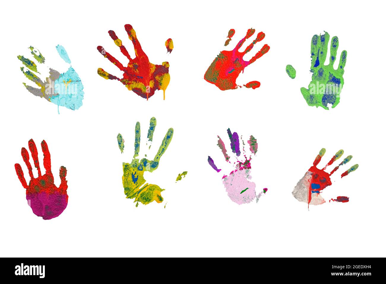 la mano umana stampa con tratti di vernice, isolato su sfondo bianco Foto Stock