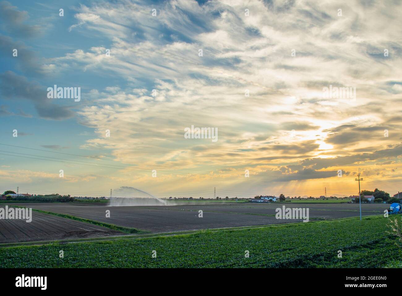 Paesaggio rurale, campo agricolo impianto di irrigazione sullo sfondo del cielo del tramonto Foto Stock
