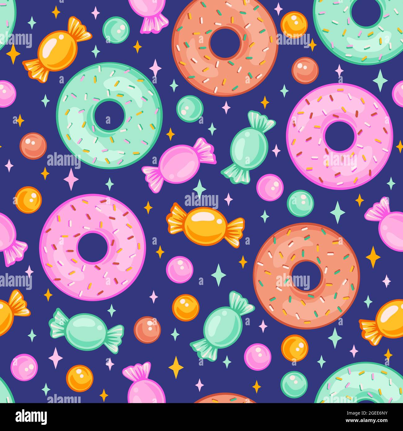 Modello vettoriale senza giunture con caramelle e ciambelle. Dolce caramella e ciambella modello senza cuciture per festa di compleanno. Illustrazione Vettoriale
