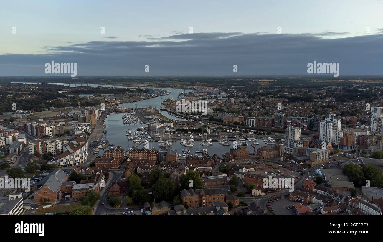 Una foto aerea del Wet Dock di Ipswich, Suffolk, Regno Unito Foto Stock