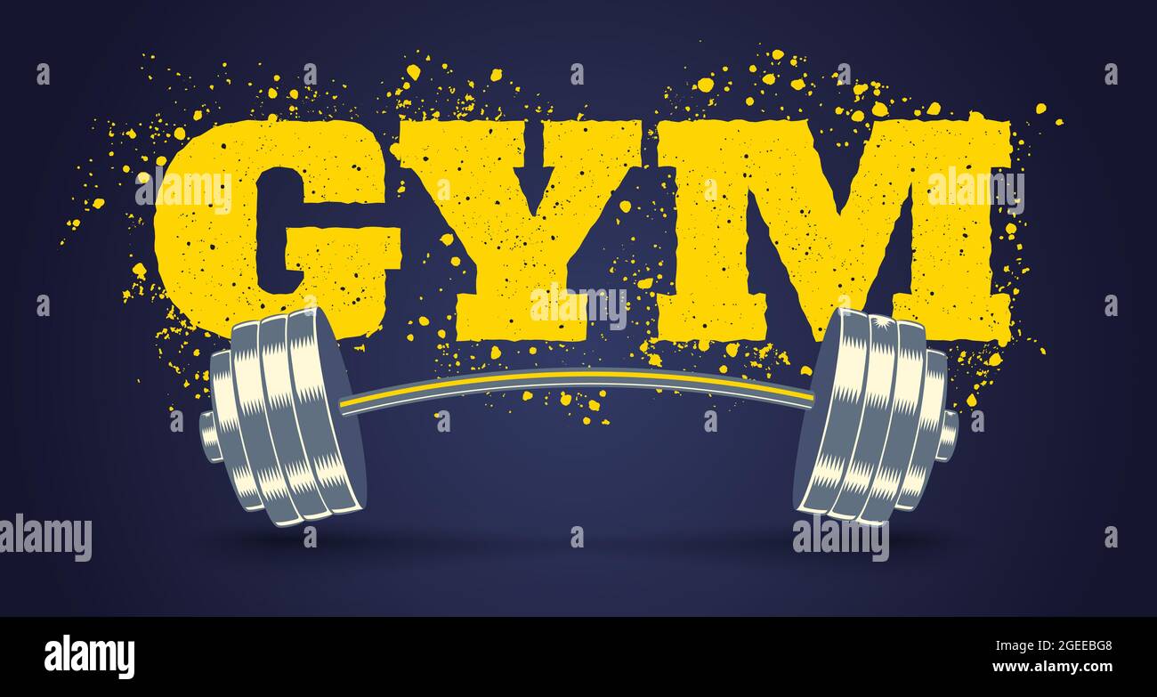 Emblema vettoriale per club fitness in stile grunge con barbell. Logo vettoriale con testo di palestra e stile barbellino vintage. Illustrazione Vettoriale