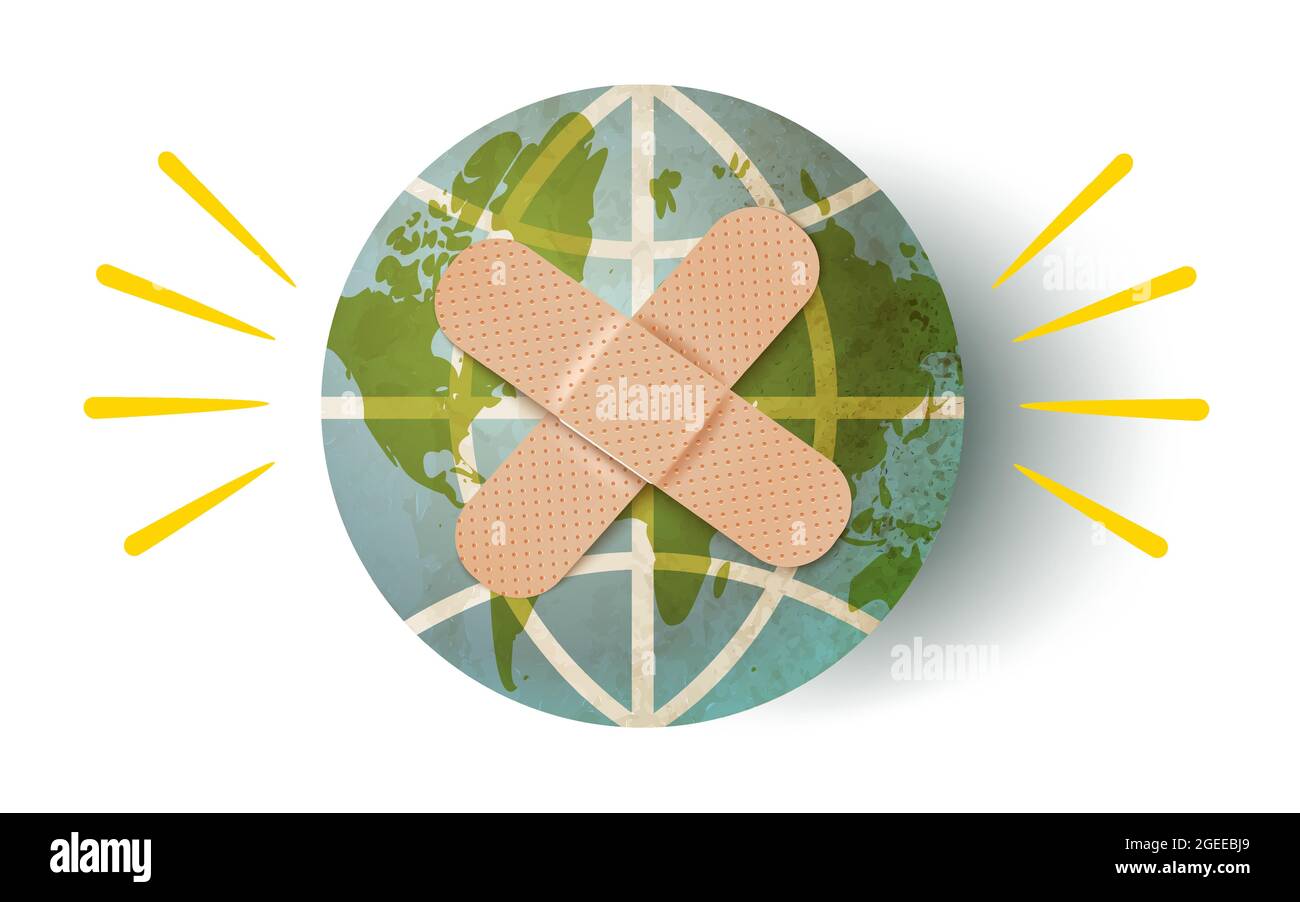 Illustrazione vettoriale del pianeta Terra con intonaco adesivo. Immagine vettoriale vintage del pianeta Terra con banda di aiuto. Illustrazione Vettoriale