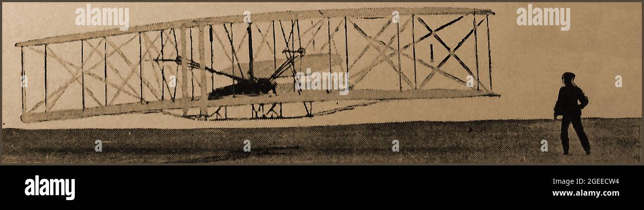 Una prima illustrazione di aerei pionieri - i fratelli Wright Wright Flyer aka Kittyhawk, il primo aereo a salire da terra (1903). Wilbur e Orville Wright, sebbene noti per le loro imprese volanti, possedevano anche una tipografia e un impianto ciclistico. Foto Stock