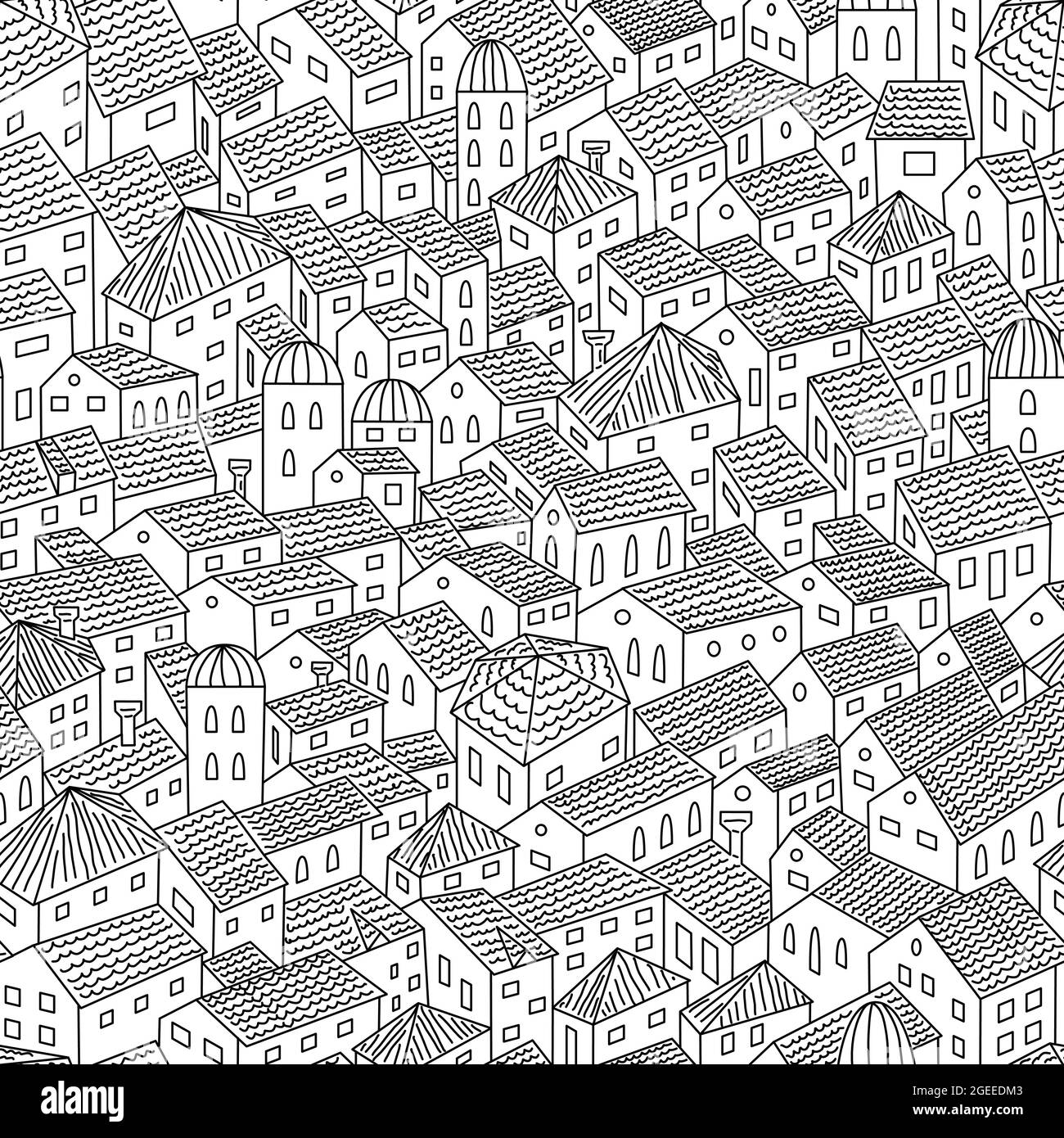 Tegole città vecchia tetti contorno vista dall'alto motivo senza cuciture, stile doodle vecchie case disegnate a mano e torri della città profilo vettoriale illustrazione Illustrazione Vettoriale
