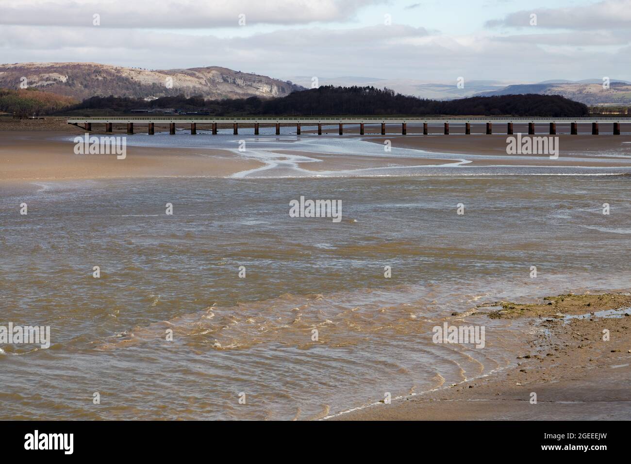 L'Arnside Bore, un'incredibile onda che viaggia a monte nell'estuario del Kent in Cumbria sulle più alte maree primaverili, vista da vicino al molo di Arnside Foto Stock