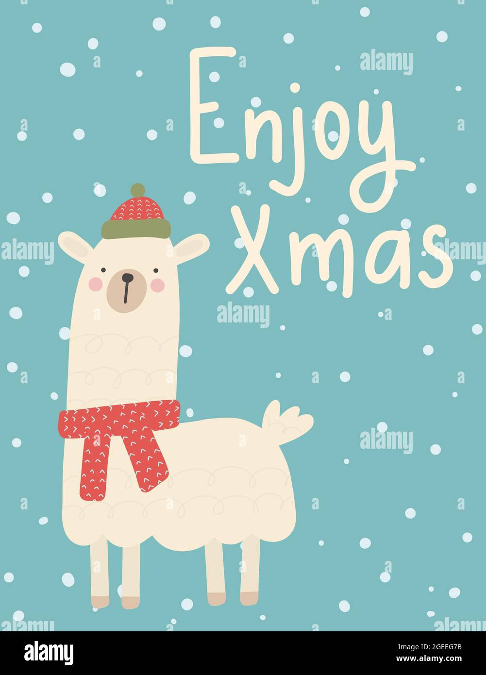 Biglietto d'auguri di Natale. Carino cartolina delle vacanze invernali. Cartoon lama con wishes.Hand disegno stile vettoriale illustrazione Illustrazione Vettoriale