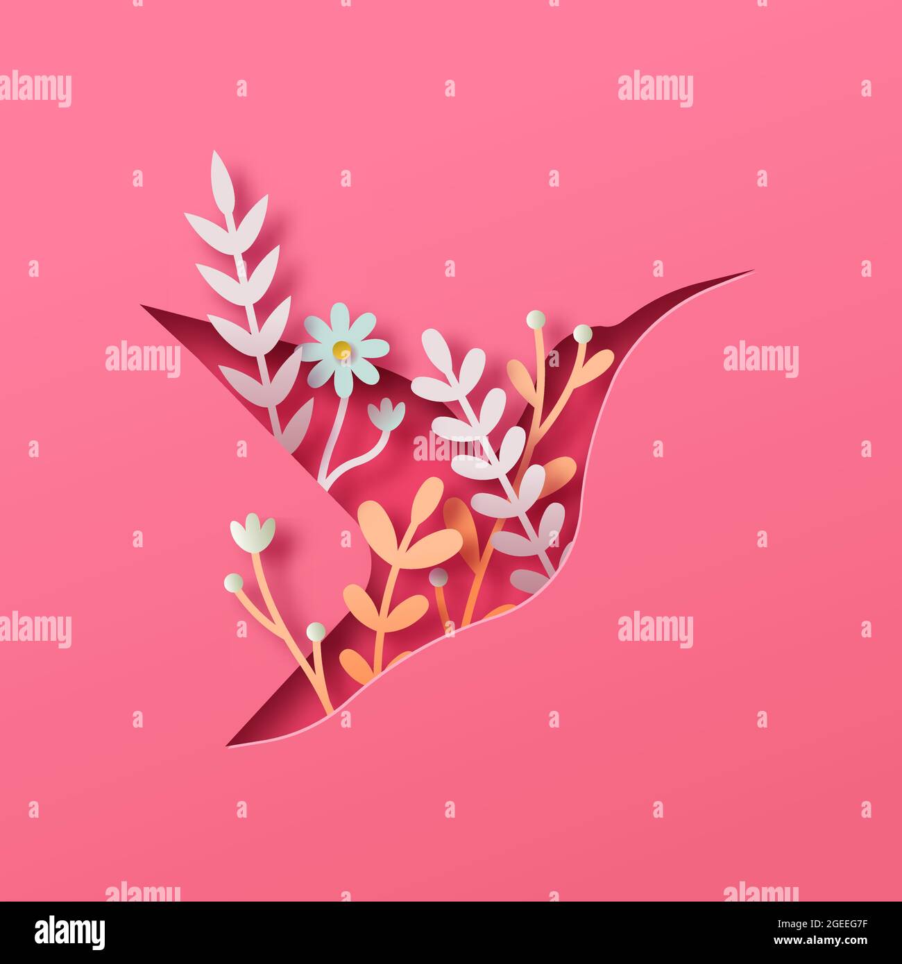 Concetto di forma di uccello rosa in stile papercut 3d moderno. Piccola carta hummingbird taglio artigianale con bella primavera natura decorazione e fiore su Illustrazione Vettoriale