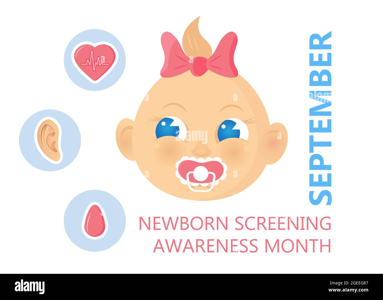 Vettore di concetto del mese di consapevolezza dello screening neonatale. Per il bambino vengono mostrati il test di caduta del sangue, lo schermo uditivo e l'ossimetria pulsatile. Evento medico Illustrazione Vettoriale