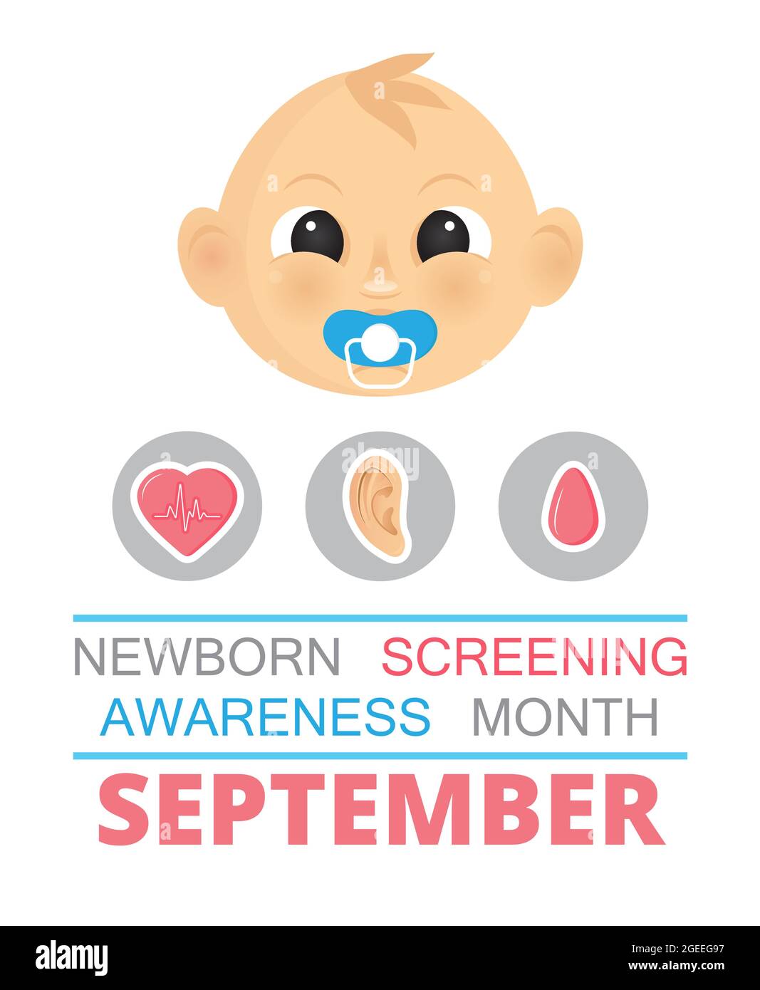 Vettore di concetto del mese di consapevolezza dello screening neonatale. Per il bambino vengono mostrati il test di caduta del sangue, lo schermo uditivo e l'ossimetria pulsatile. Evento medico Illustrazione Vettoriale