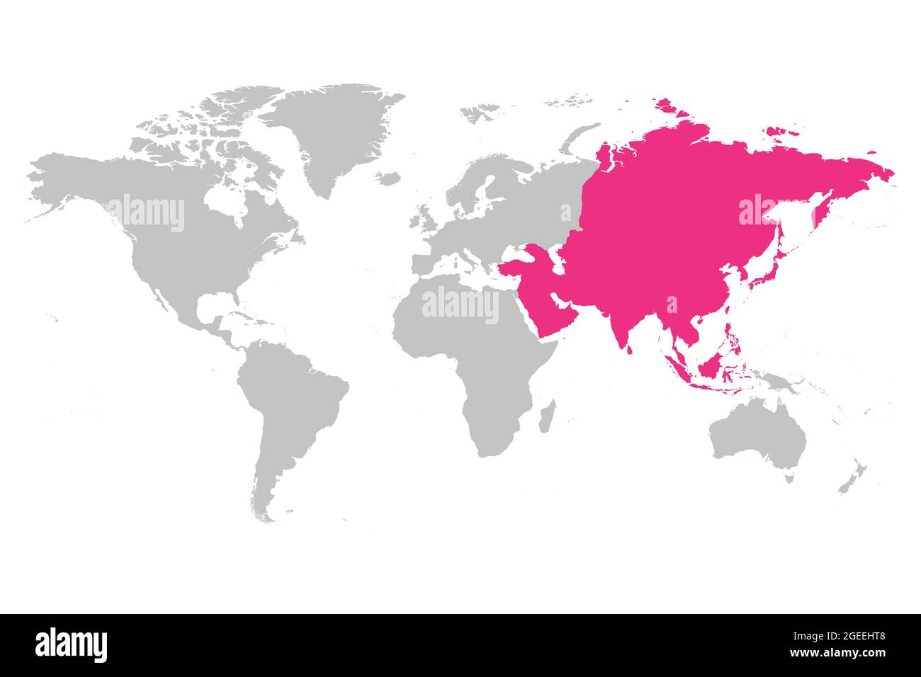 Asia continente rosa segnato in grigio silhouette della mappa del mondo. Semplice illustrazione vettoriale piatta. Illustrazione Vettoriale