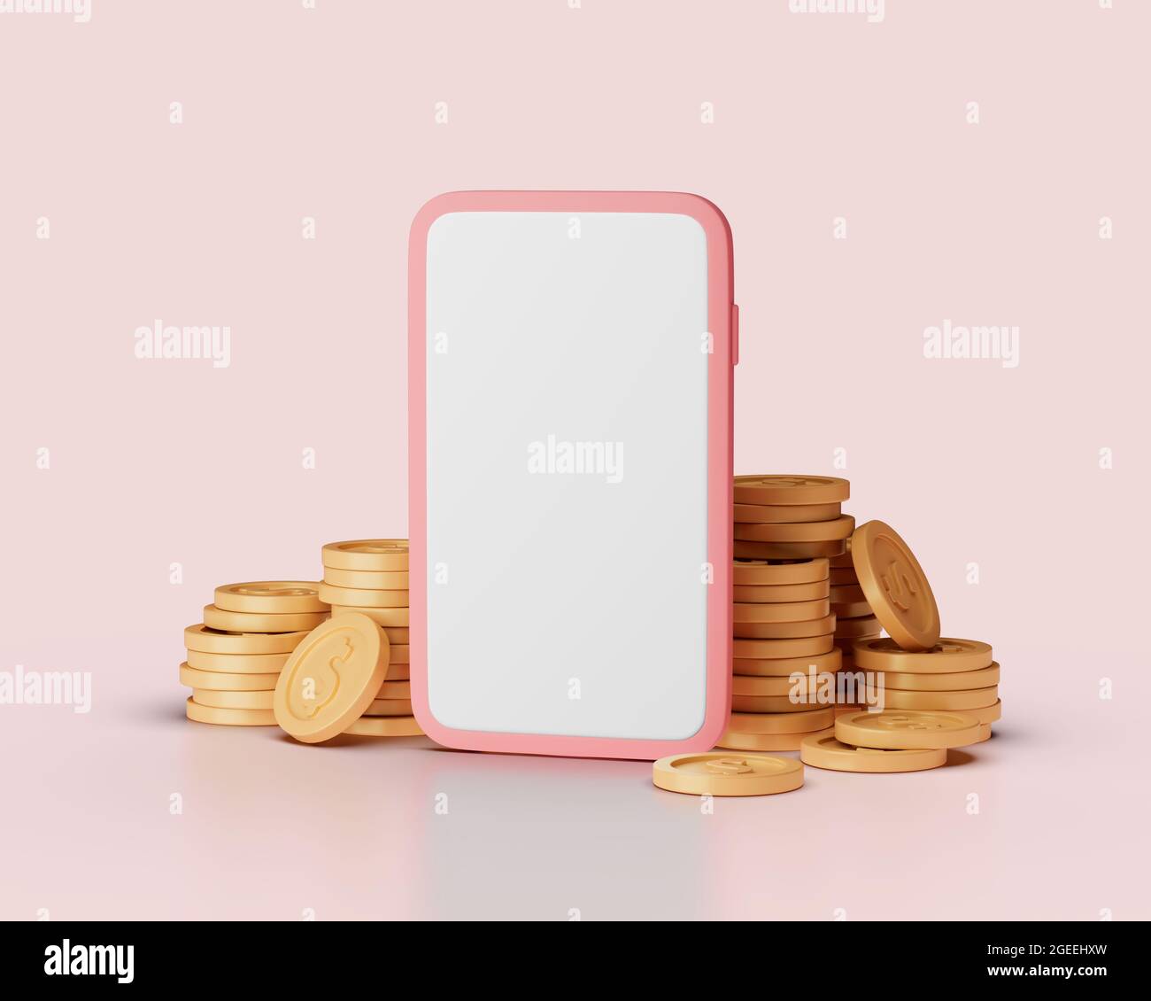 Rimborso o accumulo di monete in denaro sul concetto di smartphone. Semplice illustrazione di rendering 3d con ombre morbide Foto Stock