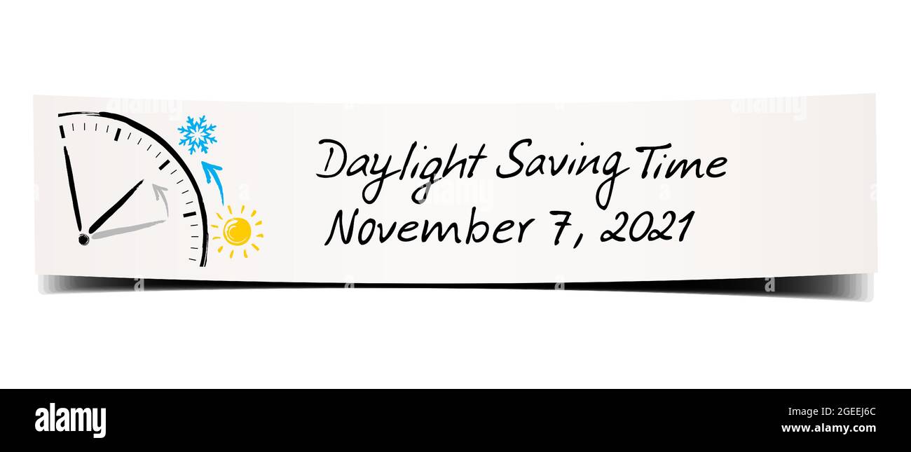 Banner cartaceo con promemoria scritto a mano e disegno a mano dell'ora legale per gli Stati Uniti - Autunno 2021 Illustrazione Vettoriale