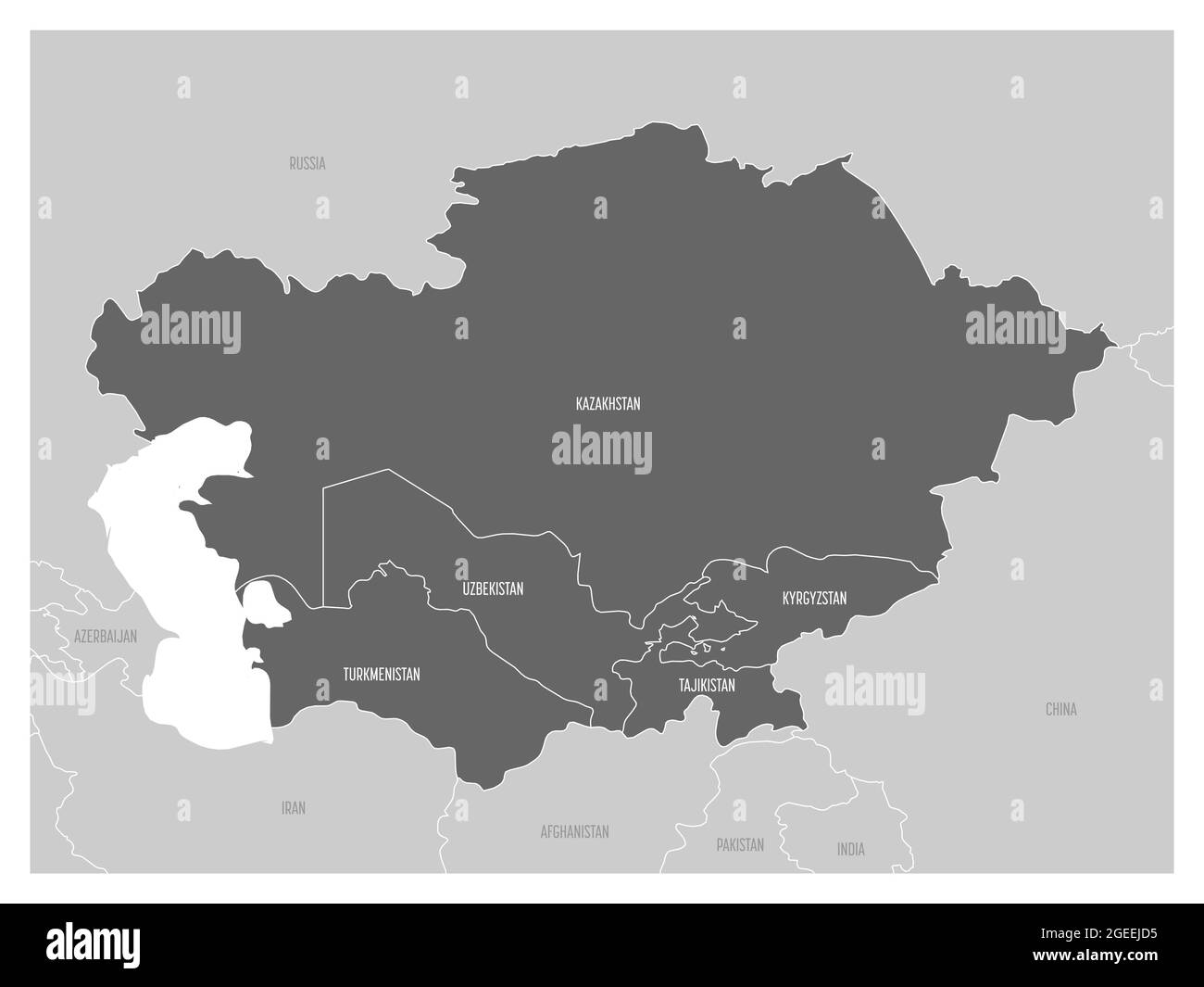 Mappa della regione dell'Asia centrale con in evidenza Kazakistan, Kirghizistan, Tagikistan, Turkmenistan e Uzbekistan. Mappa grigia piatta con confini bianchi del paese. Illustrazione Vettoriale
